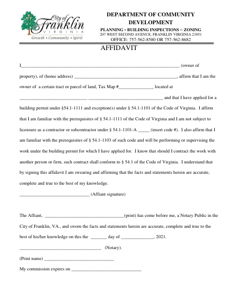 First page of the Owner’s Building Permit Affidavit