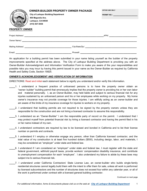 First page of the Owner-Builder Property Owner Package