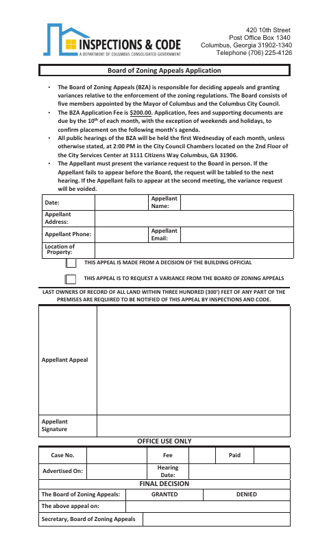 First page of the Board of Zoning Appeals Variance Application