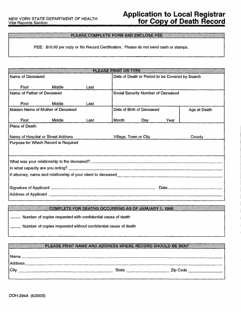 First page of the Application for Copy of Death Record