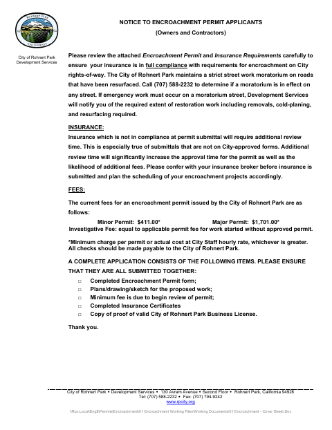 First page of the Encroachment Permit Packet