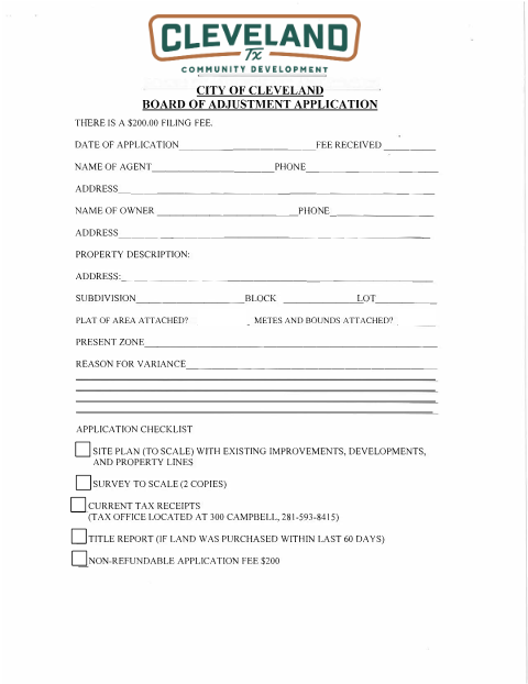 First page of the Application for Variance to the Zoning Board of Adjustment