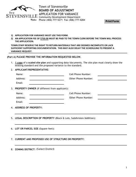 First page of the Board of Adjustment Application for Variance
