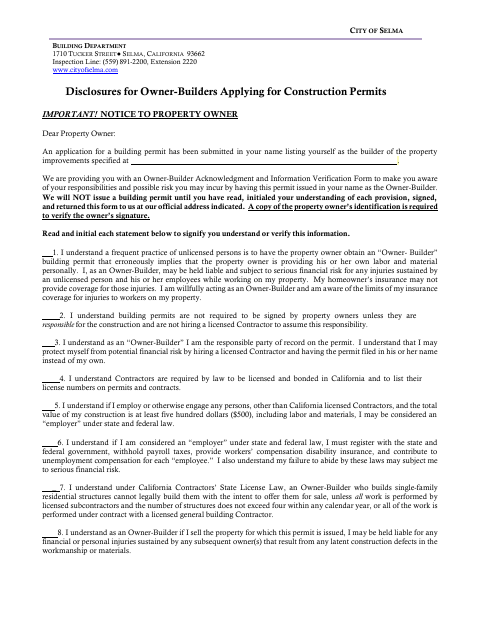 First page of the Disclosures for Owner-Builders Applying for Construction Permits
