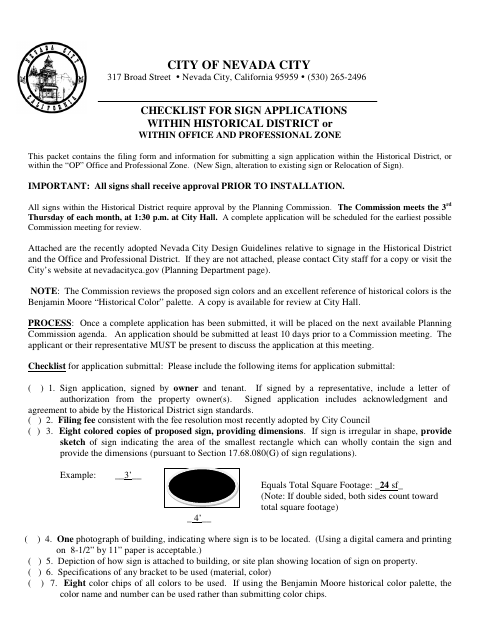 First page of the Checklist for Sign Applications Within Historical District or Office and Professional Zone