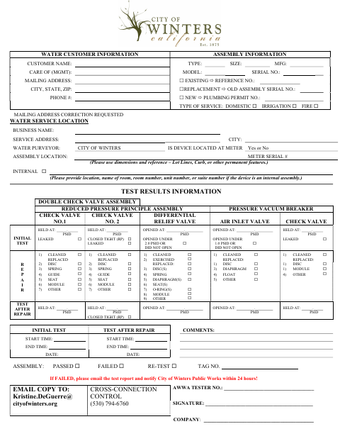 First page of the Backflow Test Form