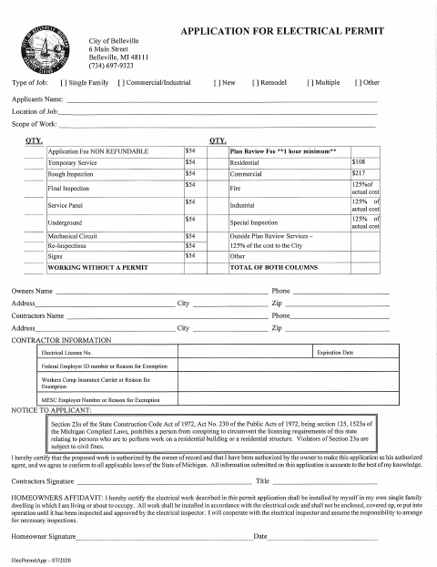First page of the Electrical Permit Application