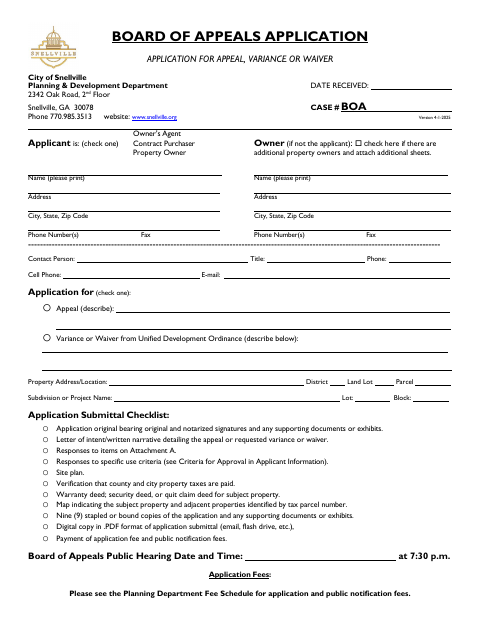First page of the Board of Appeals Variance Application