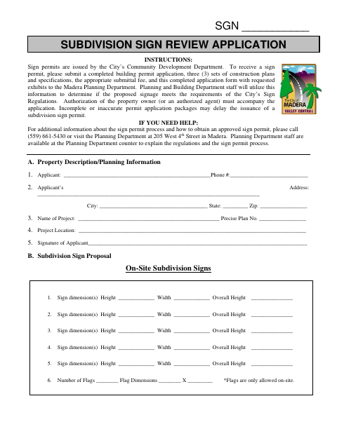 First page of the Subdivision Sign Review Application