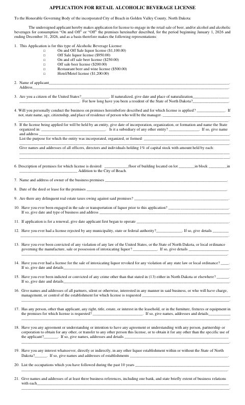First page of the Application for Retail Alcoholic Beverage License