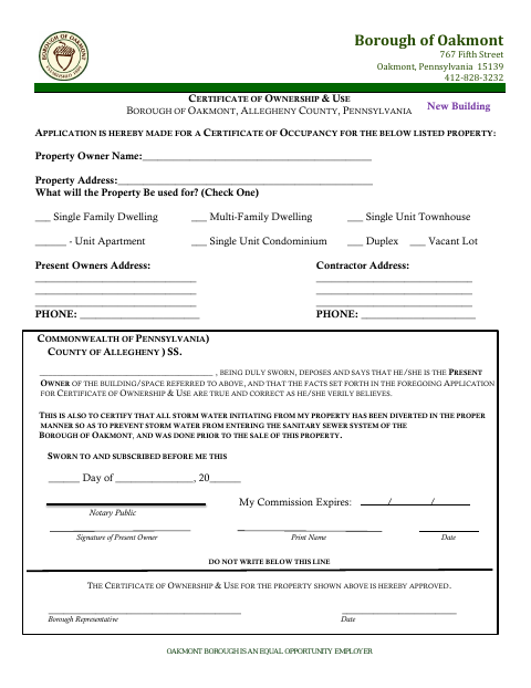 First page of the Certificate of Ownership and Use