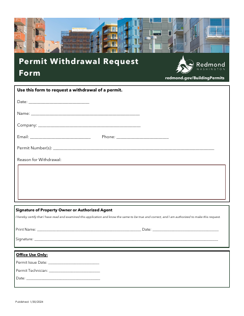 First page of the Permit Withdrawal Form