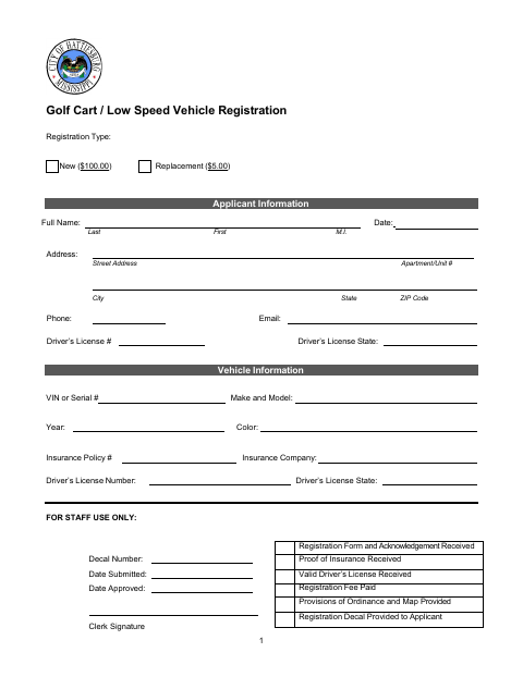 First page of the Golf Cart / Low-Speed Vehicle Registration