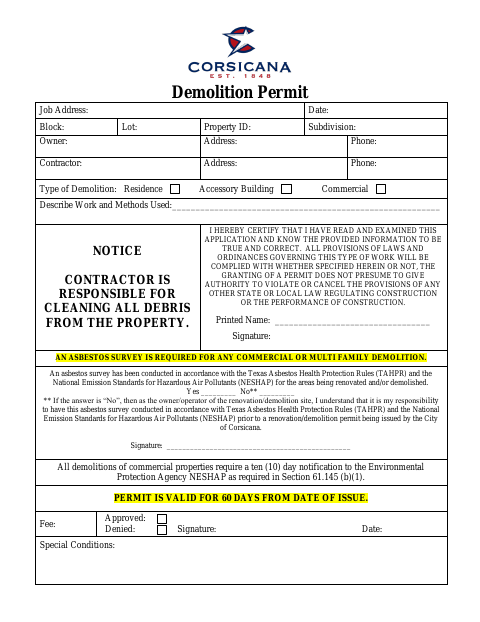 First page of the Demolition Permit Application