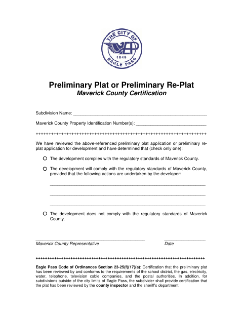 First page of the Preliminary Plat or Re-Plat Maverick County Certification