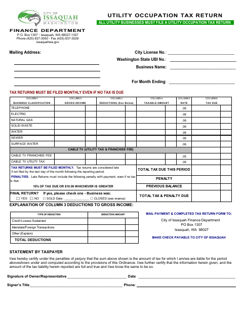 First page of the Utility Occupation Tax Return