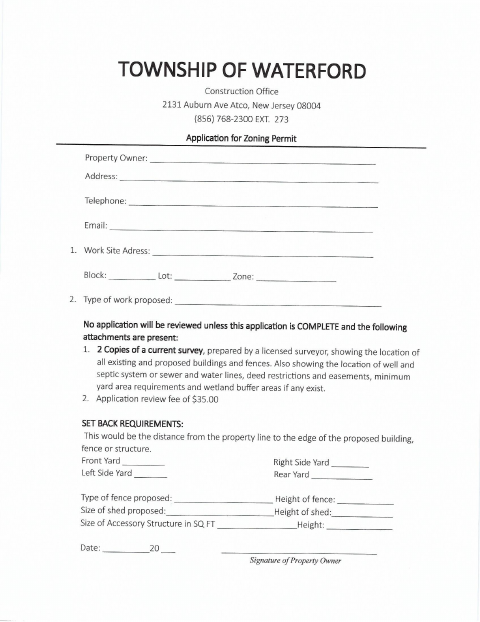 First page of the Zoning Permit Application and Property Owner Survey Affidavit