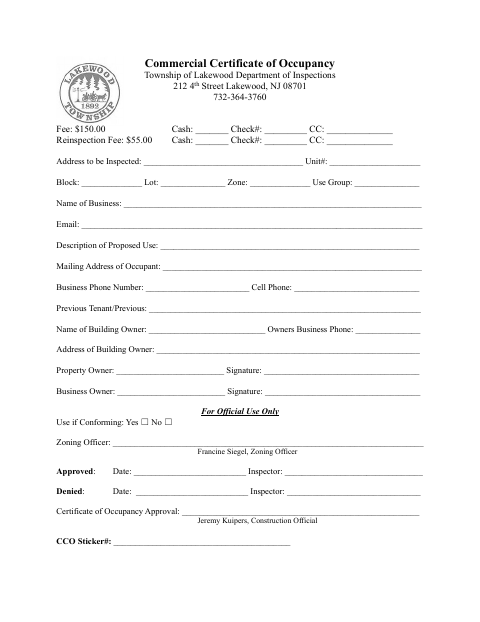 First page of the Commercial Certificate of Occupancy
