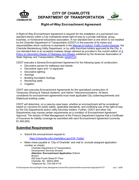 First page of the Right-of-Way Encroachment Agreement