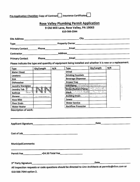 First page of the Rose Valley Plumbing Permit Application