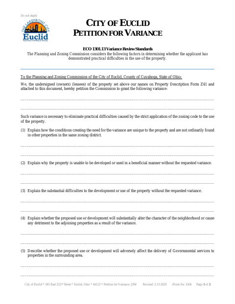First page of the Petition for Variance