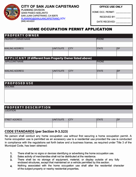 First page of the Home Occupation Permit Application