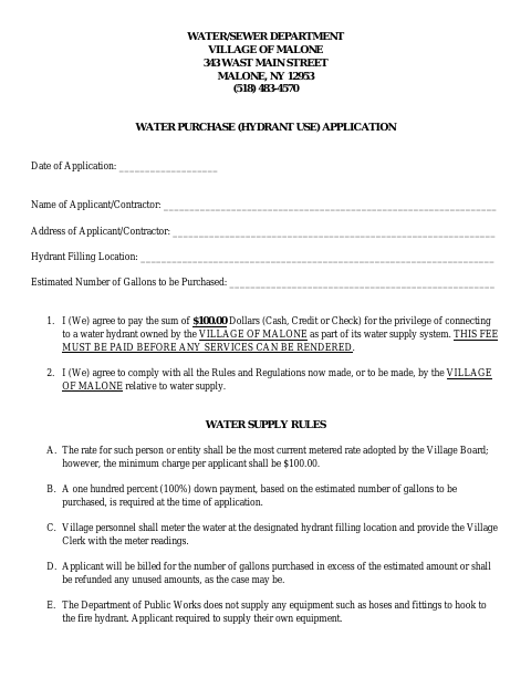 First page of the Water Purchase (Hydrant Use) Application