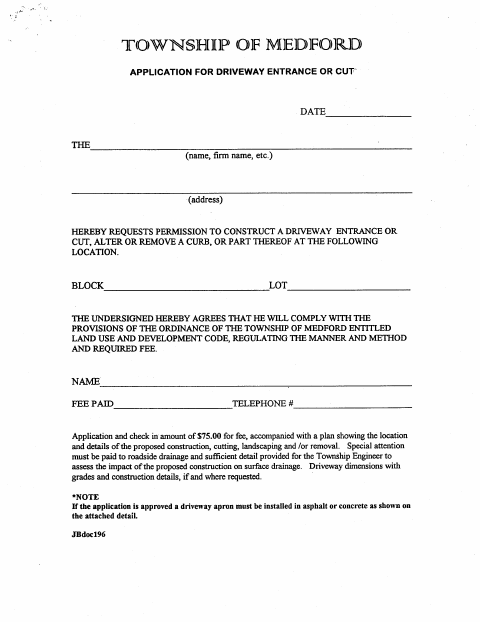 First page of the Application for Driveway Entrance or Cut