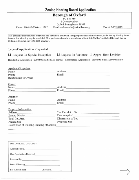 First page of the Zoning Hearing Board Application