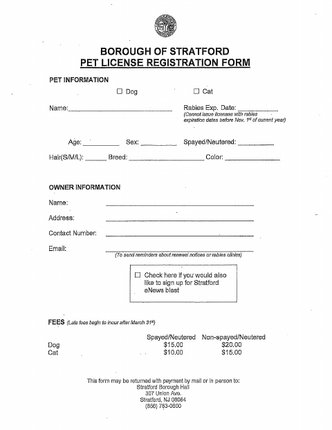 First page of the Pet License Registration Form