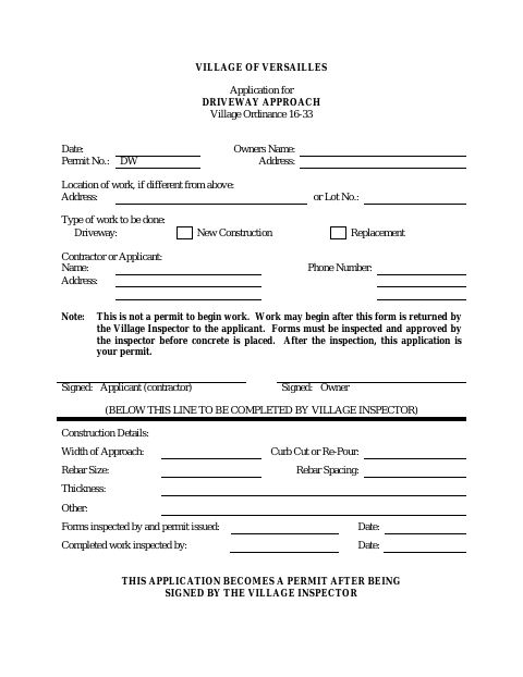 First page of the Application for Driveway Approach