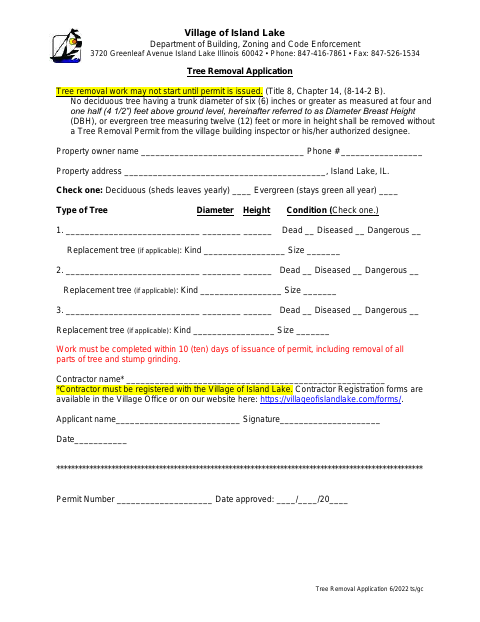 First page of the Tree Removal Application