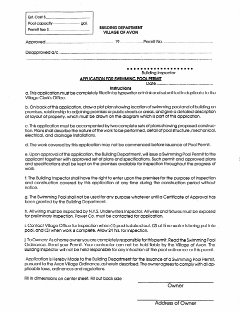 First page of the Swimming Pool Permit Application