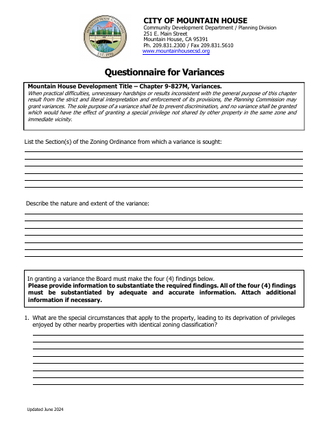 First page of the Questionnaire for Variances
