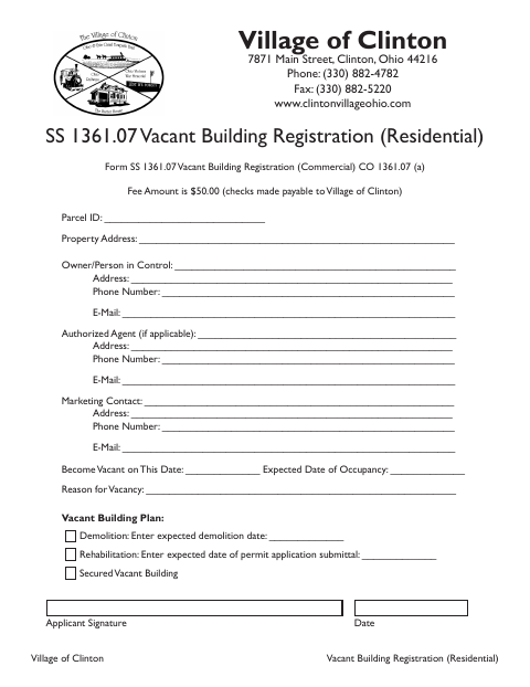 First page of the Vacant Building Registration (Residential)