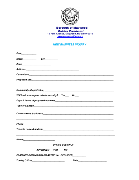 First page of the New Business Inquiry Form