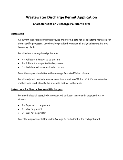 First page of the Wastewater Discharge Permit Application Characteristics of Discharge Pollutant Form