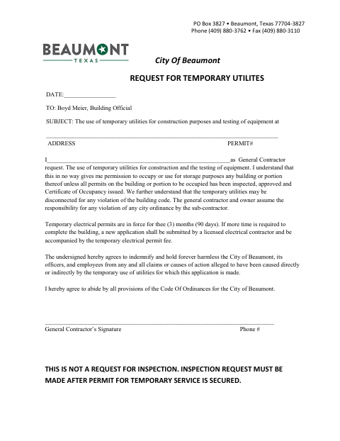 First page of the Request for Temporary Utilities