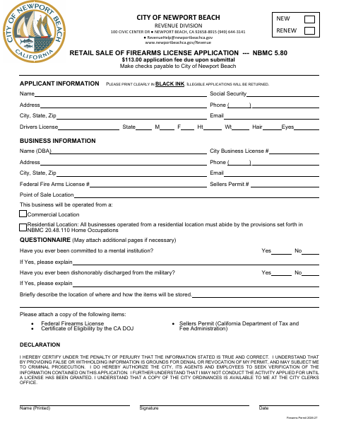 First page of the Firearms Permit Application