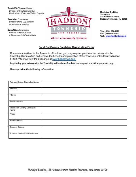 First page of the Feral Cat Colony Caretaker Registration Form