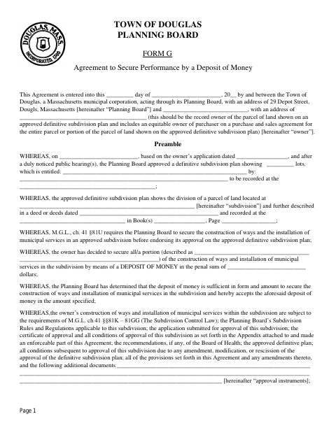 First page of the Agreement to Secure Performance by a Deposit of Money