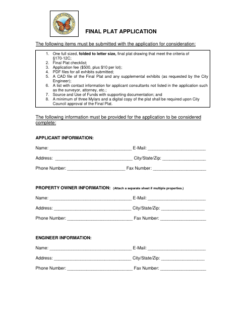 First page of the Final Plat Application