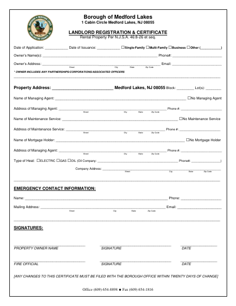 First page of the Landlord Registration & Certificate