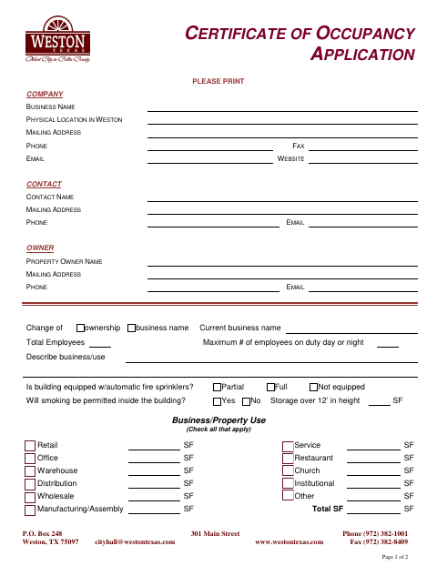 First page of the Certificate of Occupancy Application