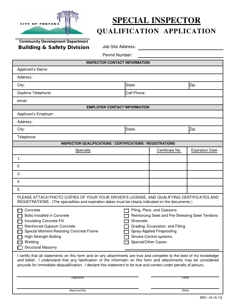 First page of the Special Inspector Qualification Application