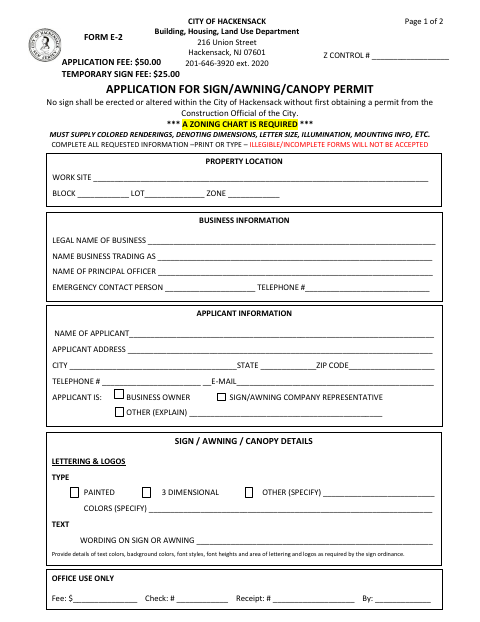 First page of the Sign/Awning/Canopy Permit Application