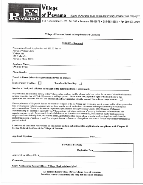 First page of the Permit to Keep Backyard Chickens