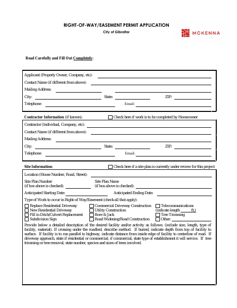 First page of the Right-of-Way/Easement Permit Application