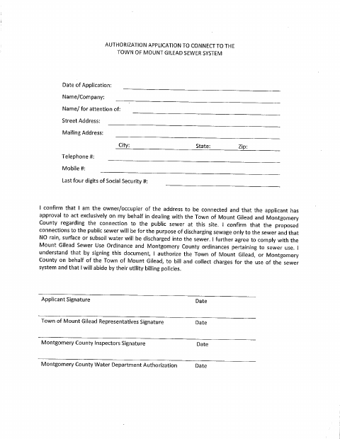 First page of the Sewer System Authorization Application