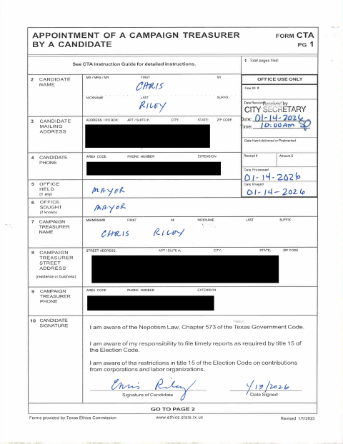 First page of the Appointment of Campaign Treasurer by a Candidate